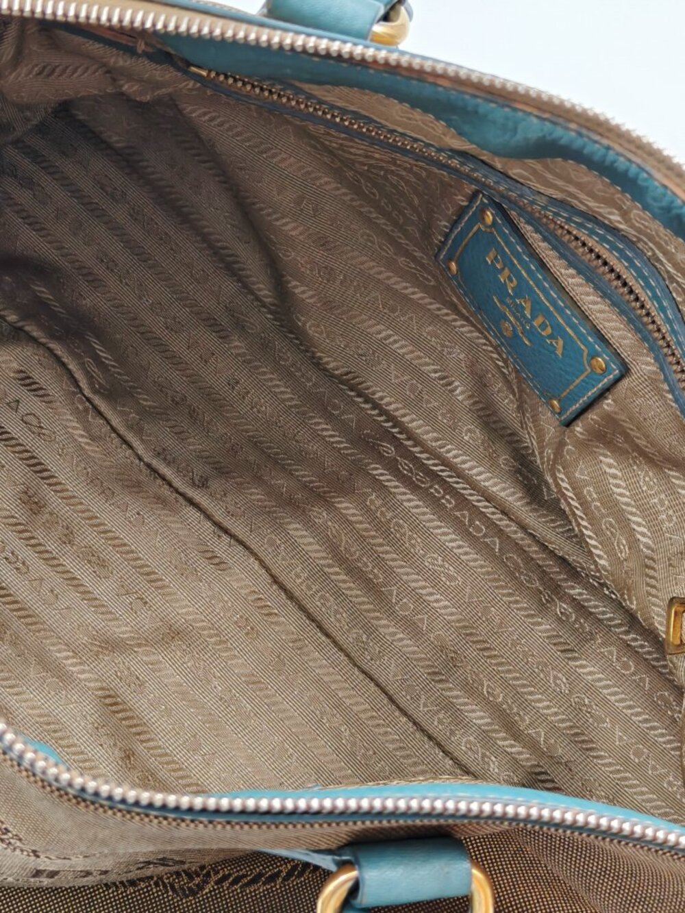 Prada Canapa Canvas Leather Boston Satchel Shoulder Bag Gray Blue - Picture 14 of 16